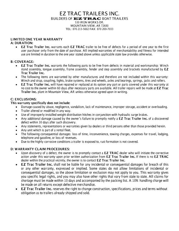 EZ Trac Trailers Warranty